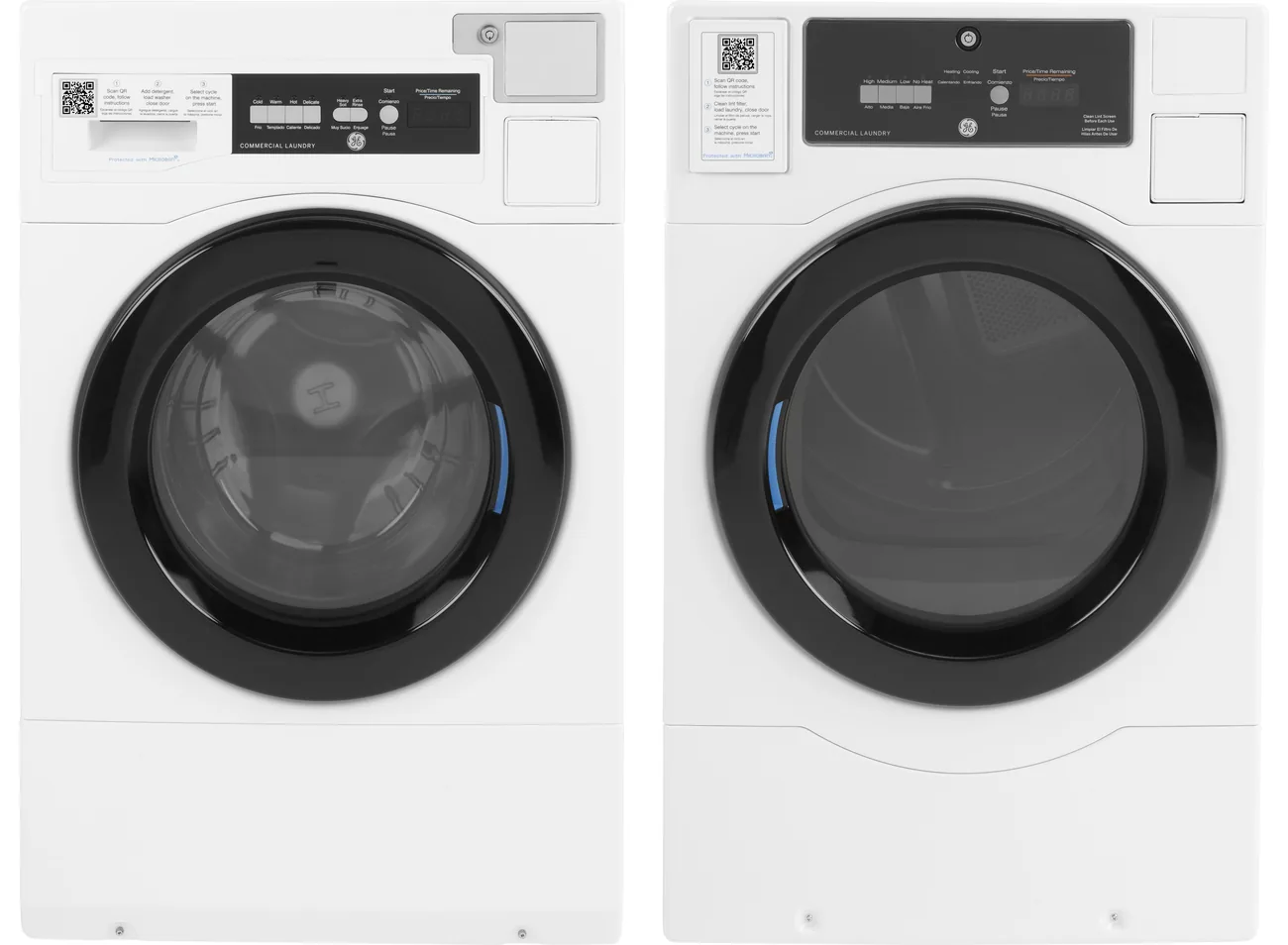 GE commercial front-load washer and dryer side by side